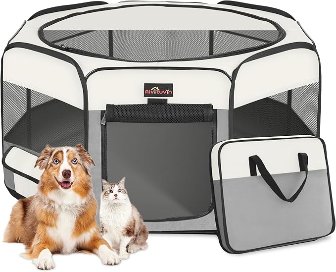 Aivituvin Dog Playpen Foldable Pet Play Pens with Carrying Bag for Cat, Puppies, Rabbits, Chickens, Durable Portable Pet Tent for Travel Camping Indoor/Outdoor Grey S