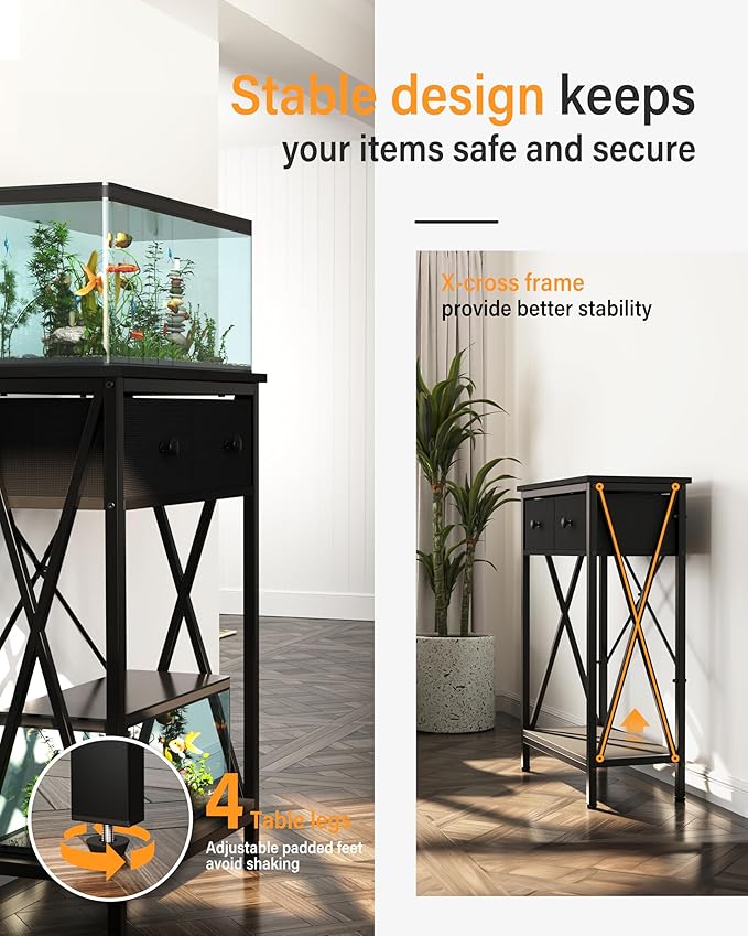 Fish Tank Stand for 5-10 Gallon Fish Tank: Aquarium Stand with Power Outlet - Metal 10 Gallon Tank Stand with Cabinet Drawer Storage for Turtle Tank, Reptile Terrarium (Black, 220LBS Capacity)