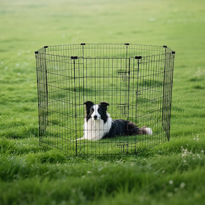 Amazon Basics Foldable Octagonal Metal Exercise Dog Playpen - Indoor/Outdoor, Single Door, Large (8 Panels, 24 x 42), Easy to assemble and store, 42" - Large, Black