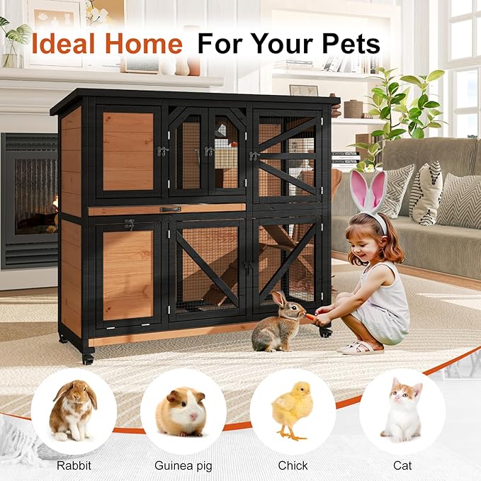 47.3" Two Story Rabbit Cage Bunny Cage Indoor, Wooden Rabbit Hutch Hamster Cages for Small Animals, Outdoor Guinea Pig Cages with Wheels & 2 Removable Trays & Bottom Wire Mesh