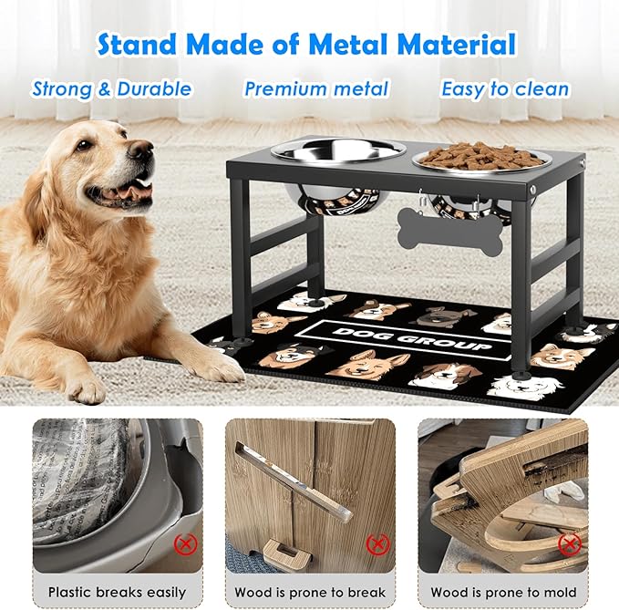Elevated Dog Bowls, 10" Tall Height, Raised Bowl Stand with 2 Stainless Steel Food Feeder Bowls (58oz) and Spill-Proof Mat for Medium Large and Small Breeds