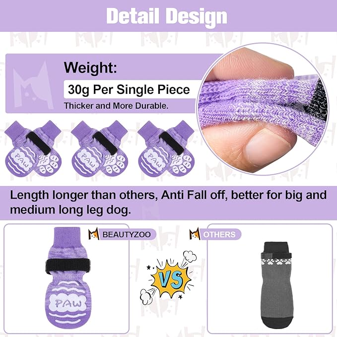 BEAUTYZOO Anti Slip Dog Socks for Small Medium Large Dogs with Grips Straps on Hardwood Floor Protection Wear, Traction Control 3 Pairs Double Side Paw Protector to Prevent Licking for Girl or Boy