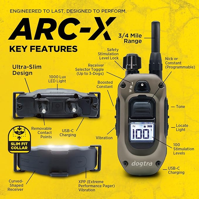 Dogtra ARC-X E-Collar for Dog Training - 3/4 Mile Range, for Dogs 15 lbs+, Slim Design, IPX9K Waterproof, 100 Stimulation Levels, Vibration, Tone, Rechargeable - Dog Owners and Professional Trainers