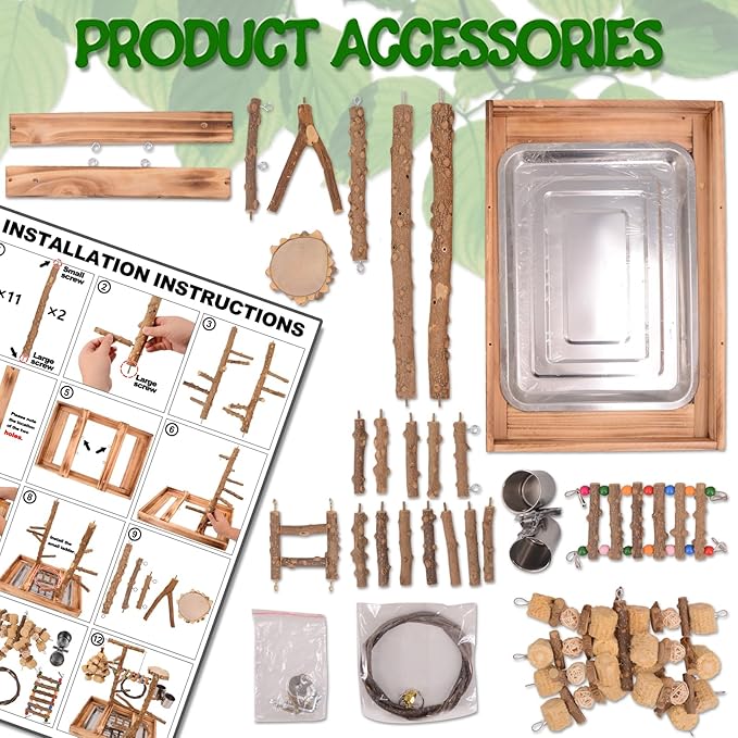 Bird Playground - Natural Wood Bird Perch Stand with Removable Tray and 2 Stainless Steel Cups