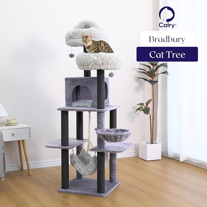 Catry Bradbury 7-Level 62.5” Modern Cat Tree with Replaceable Scratching Posts,Big Condo,Two Washable Beds, Two Hammocks,Quick Assembly, for Multi-Cat Homes(Cloud Gray)