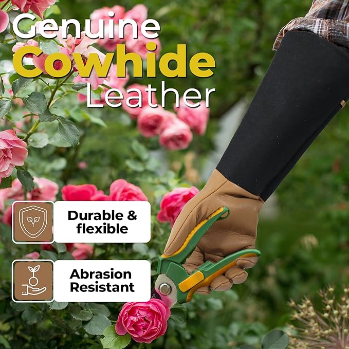 HANDLANDY Long Gardening Gloves for Men & Women, Cowhide Leather Rose Pruning Gloves, Breathable Thorn Proof Gauntlet Glove (Brown-Cowhide, L)