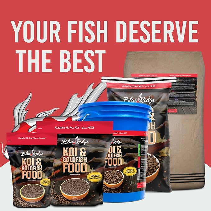 Blue Ridge Koi Fish Food 2lb - Koi Food 3/16” Large and Mini Blend Growth Formula, Goldfish Food, Premium Fish Food for Ponds, Ponds Fish Food, Floating Pond Pellets