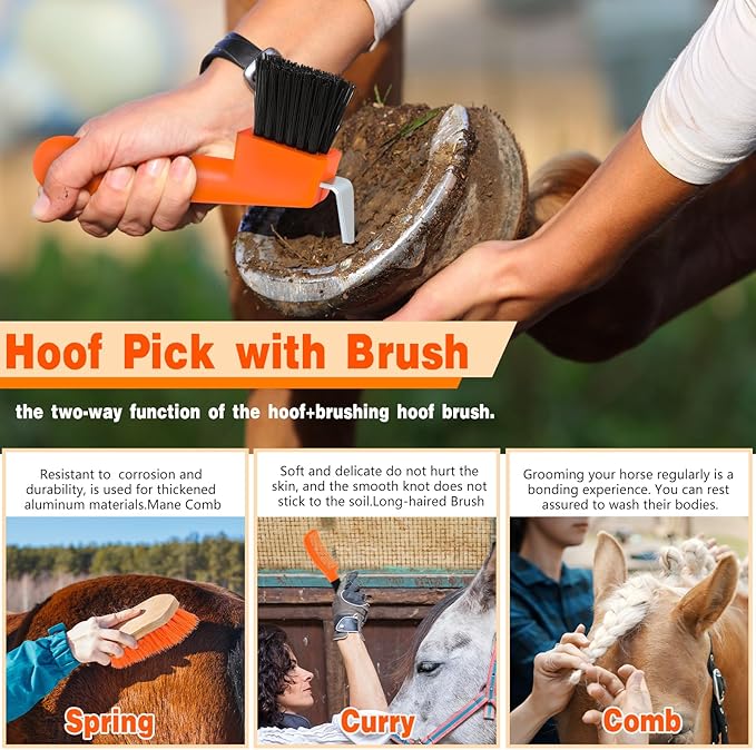 Abbylike 12 Pieces Horse Grooming Kit Racing Festival Tack Room Supplies Horse Brush Sets Equine Care Cleaning Kit Shedding Grooming Massaging Tools(Orange)