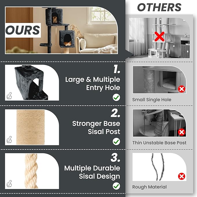 59in Large Cat Tree Tower for Indoor Cats with Soft Plush Hang Ball, Two Condos, Sisal Scratch Posts & Rope Play for Kittens/Adult Cats, New Dark Grey