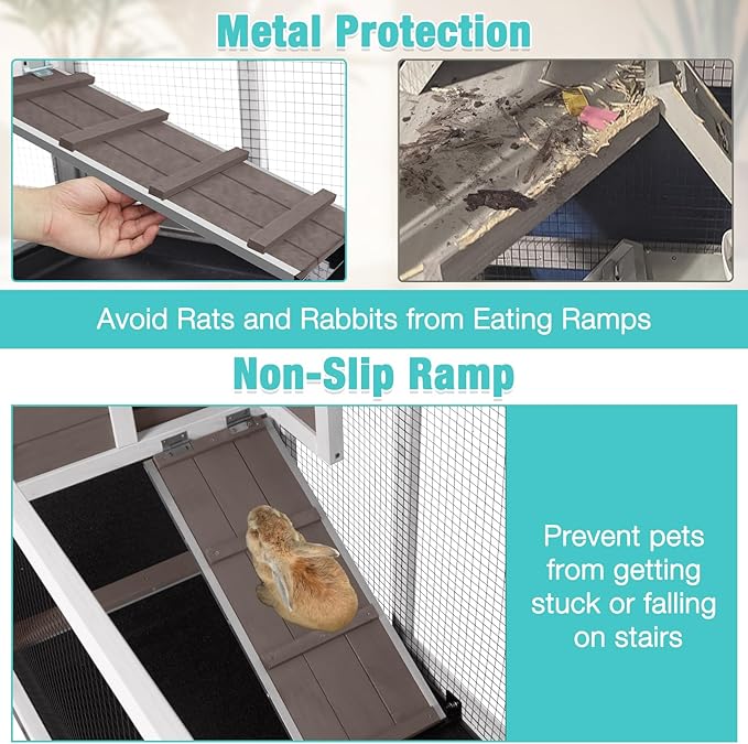 62" Rabbit Hutch with Chew-Proof Ramp & Waterproof Roof - Indoor/Outdoor Bunny Cage, 2-Story Design, 6 Lockable Caster Wheels & Dual Pull-Out Trays (Brown)