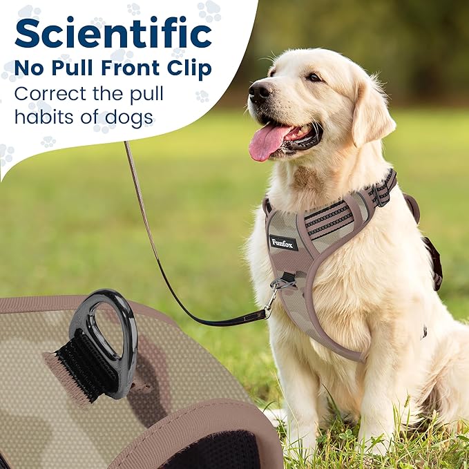 Funfox Dog Harness No Pull, Adjustable Pet Vest Harness, Super Soft Material with Vertical Handle Easy Control, Reflective Night Walking, 2 Leash Clips for XLarge Dogs, Camo Brown, XL