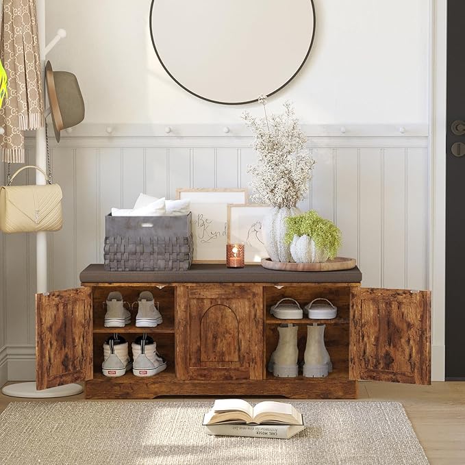 DINZI LVJ Shoe Bench, Entryway Storage Bench with Doors, Cushion, 2-Tier Shoe Rack with 6-Cubby, 39.4”L x 13.8”W Shoe Organizer Cabinet, Adjustable Shelf, Living Room, Bedroom, Rustic Brown