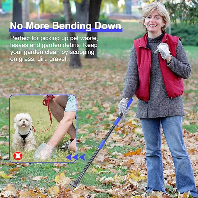 Pooper Scooper, Dog Pooper Scooper Tray and Rake Set with Adjustable Stainless Steel Long Handle for Large Medium Small Dogs (Blue)