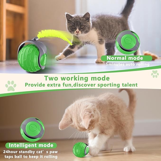 Cat Toys,Interactive Cat Toys Ball for Bored Indoor Cat,Automatic Rolling,Drop Resistant and Obstacle Avoidance,2 Modes Adjustment,Fluffy Tail and USB Type-C Rechargeable（Green）
