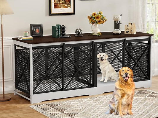 COZPAW 78 Inch Double Dog Crate Furniture, Extra Large Dog Kennel Indoor for Medium Large 2 Dogs, Heavy Duty Dog Cage Chew-Resistant Steel and Wooden Pet House with Removable Divider (White Brown)