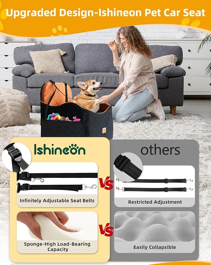 Car Seat Booster for Dog: High-Support Memory Foam Pet Car Seat for Small/Medium Dogs Under 35lbs with Elevated Cushion,Pockets - Detachable Washable Puppy Travel Bed for Driving(Black/Brown)