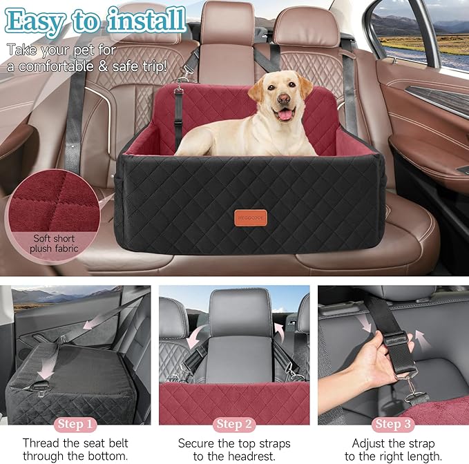 Dog Car Seat for Medium/Large Dogs, Pet Booster Seat for Under 55 lbs or 2 Small Dogs, Detachable & Washable Dog Car Bed for Backseat with 2 Safety Leashes (Blcak/red)