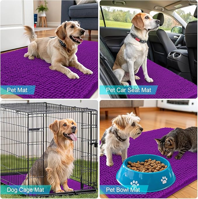 OLANLY Dog Door Mat for Muddy Paws 24x16, Absorbs Moisture and Dirt, Absorbent Non-Slip Washable Doormat, Quick Dry Chenille Mud Mat for Dogs, Entry Indoor Entryway Carpet for Inside Floor, Purple