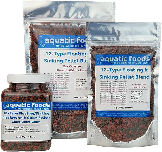 Aquatic Foods Inc. 12-Type Ultra Mix of 1mm, 2mm, 3mm Floating & Sinking California Blackworm and Intense Coloring Pellets for All Tropical Fish & Pond Fish...1/4-lb Bag