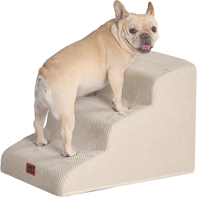 EHEYCIGA Curved Dog Stairs Ramp for Small Dogs 15.7" H, 3-Step Dog Steps for Couch Sofa and Chair, Pet Stairs for Cats, Non-Slip Balanced Pet Steps Indoor, Beige