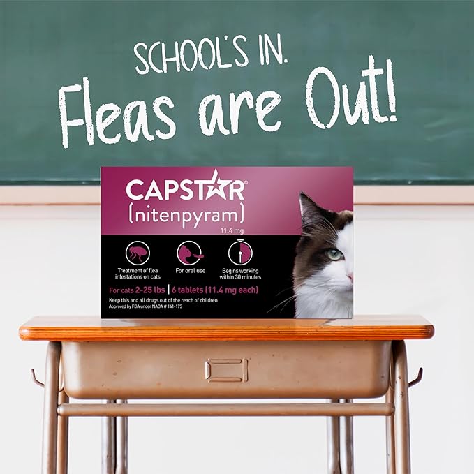 Capstar (nitenpyram) for Cats, Fast-Acting Oral Flea Treatment for Cats 2-25 lbs, Vet-Recommended Flea Medication Tablets Start Killing Fleas in 30 Minutes, 12 Doses