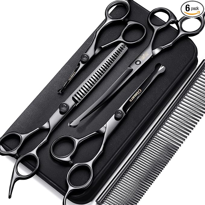 Gimars 7inch Professional 4CR Stainless Steel 6 in 1 Grooming Scissors for Dogs with Safety Round Tip, Heavy Duty Titanium Coated Pet Grooming Scissor for Dogs, Cats and Other Animals