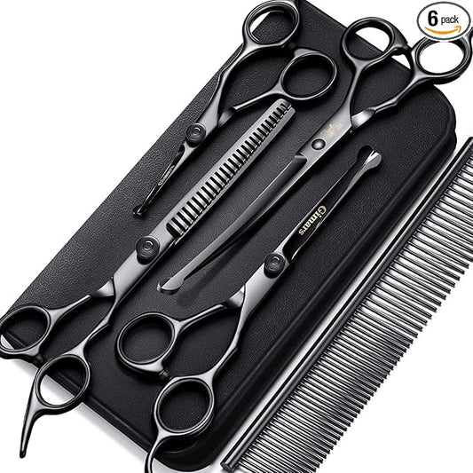 Gimars 7inch Professional 4CR Stainless Steel 6 in 1 Grooming Scissors for Dogs with Safety Round Tip, Heavy Duty Titanium Coated Pet Grooming Scissor for Dogs, Cats and Other Animals