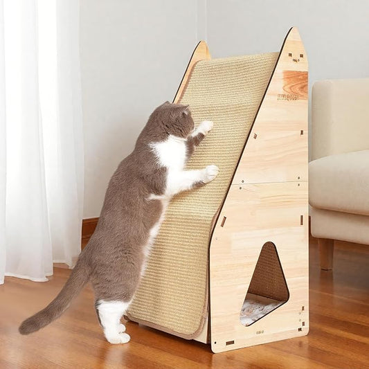 32in Cat Scratching Posts for Indoor Cats: Replaceable Sisal Mats & Sturdy 3D Wood Frame, Integrated Cat Condo, Hideout, Tunnel, All-in-One Space Saver for Multi-Cat & Budget-Friendly Homes