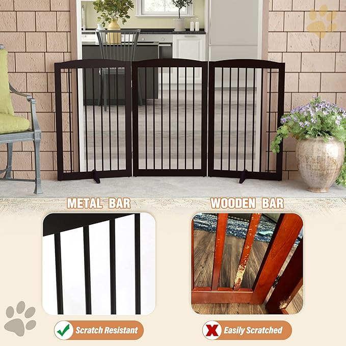 Freestanding Pet Gate for Dogs, Foldable Wooden Dog Gate for House Indoor, Tall Pet Fence for Stair, Doorway,Hall, Support Feet Included, 3 Panels 32",Brown
