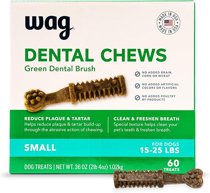 Amazon Brand - Wag Dental Dog Treats to Help Clean Teeth & Freshen Breath - Small, Unflavored, 2.25 pounds, 60 Count (Pack of 1)