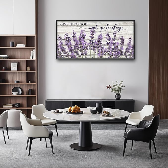 Large Lavender Wall Art for Living Room, Framed Oversized Rustic Floral Wall Decor Christian Give It To God Canvas Painting Modern Artwork for Living Room Bathroom Bedroom Office Dining Room 60"x30"