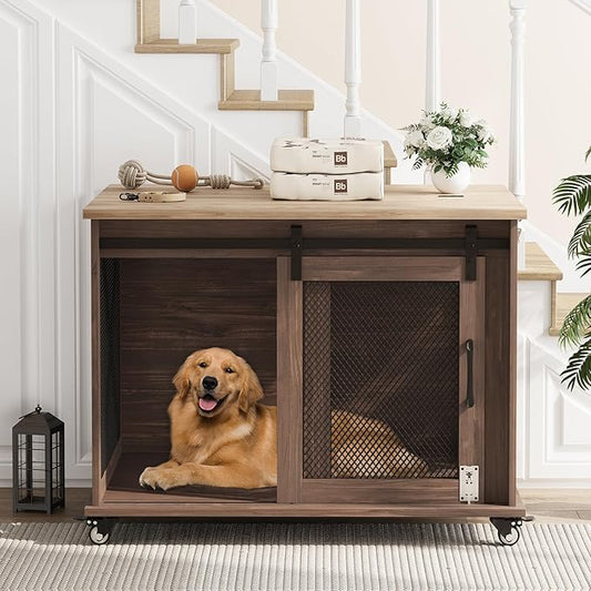 Dog Crate Furniture,37 Inch Indoor Dog Cage with Sliding Barn Door, Flip Top Dog Kennel End Table with Removable Divider, Farmhouse Wooden Pet House for Small to Middle Size Dogs