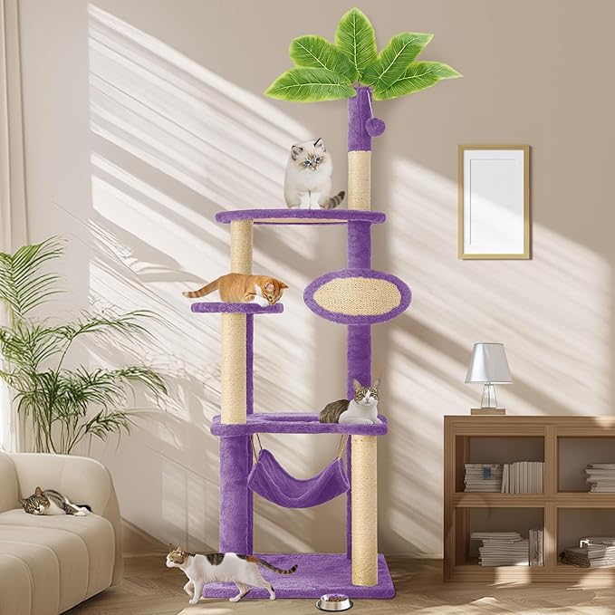 55 Inch Large Cat Tree Tower for Indoor Cats with Hammock Green Leaves Sisal Scratching Post, Plush Hang Ball Play Furniture for Kittens & Adult Cats, New Purple