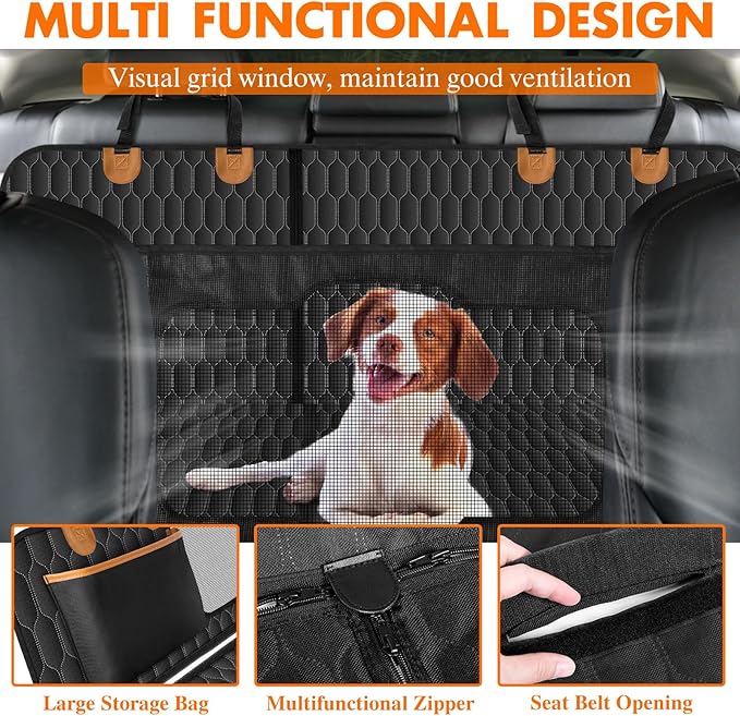 Dog Back Seat Cover, Waterproof Scratch Proof Nonslip Dog Hammock for Car, Car Seat Cover for Back Seat with Sanitary Pad Mesh & Pocket for Cars SUVs and Trucks - S, Black/Orange