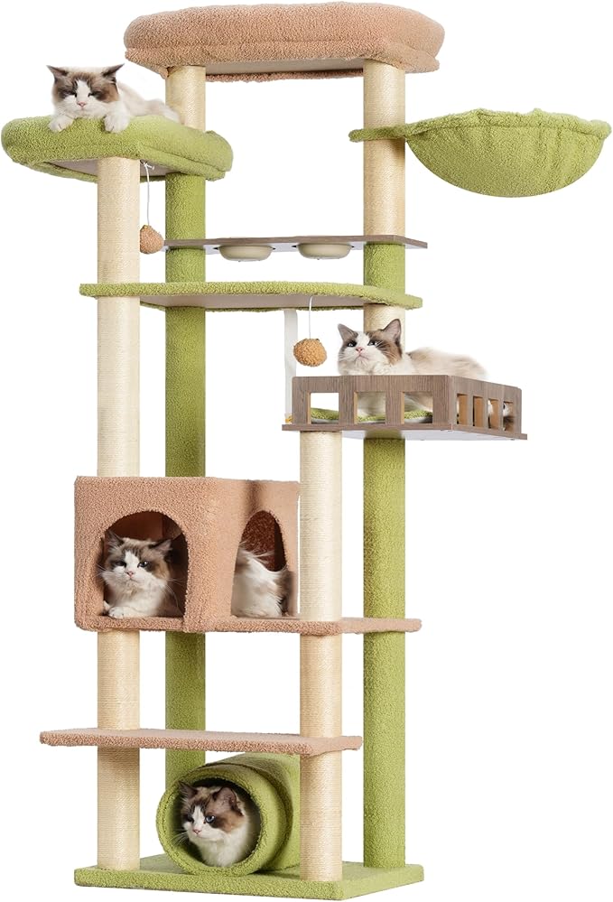 Cat Tree with Tunnel, Cat Tower for Indoor Cats, Tall Cactus Cat Tree Tower with Cat Condo, Food Station, Large Platform, Scratching Posts, Hammock, Green and Yellow GCT021GY