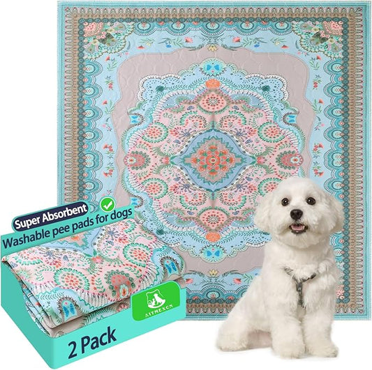 Aitmexcn Washable Pee Pads for Dogs, Reusable 24’’x 48’’ Waterproof Boho Mats for Puppy, Guinea Pig, Rabbit,Highly Absorbent,Ultra Soft, Non-Slip,Machine Washable,Stylish Design,2 Pack