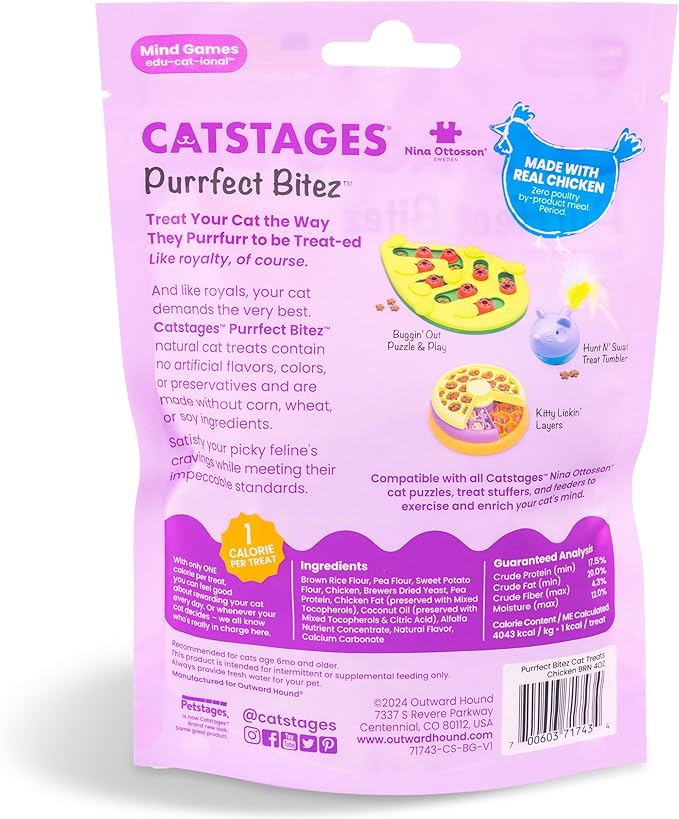 Catstages by Nina Ottosson Purrfect Bitez Natural Crunchy Cat Treats for Puzzles, Toys, Feeders, & Training, USA-Made, Real Chicken Flavor, 4oz
