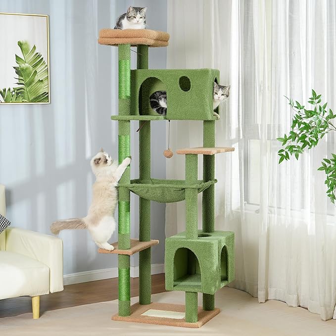 72” Cat Tree for Large Cats Big Cat Tower with Enlarged Hammock 21.6x17.7” Spacious Cats Condo House and Roomy Top Bed and Multiple Scratch Posts for Indoor Adult Cats (Green, XLarge-72)