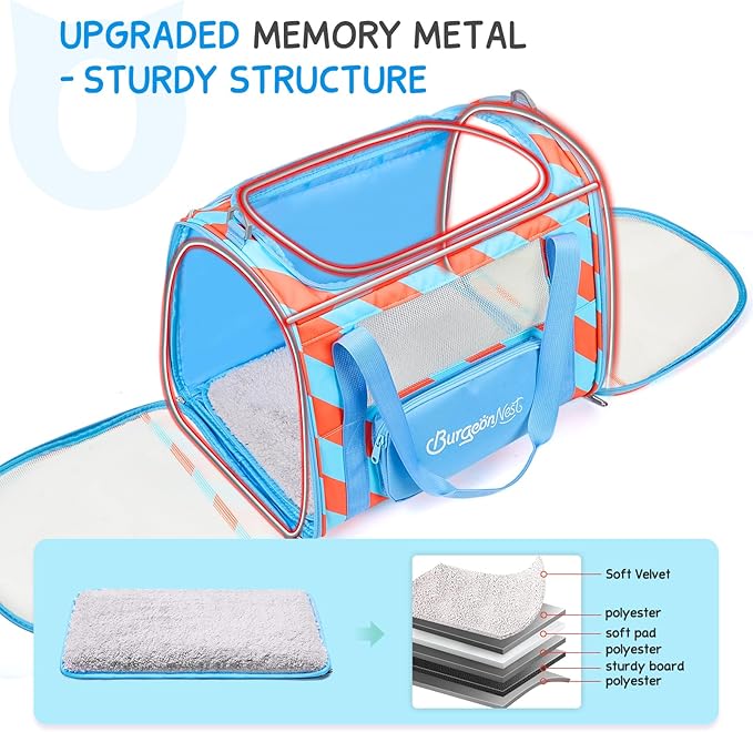 BurgeonNest Cat Carrier, Dog Cat Carriers for Large Medium Cats Under 20 lbs, Soft Sided Pet Carrier, Collapsible Travel Carry Puppy Kitten Cat Carrier with Big Side Bag (Medium, Blue-Orange)