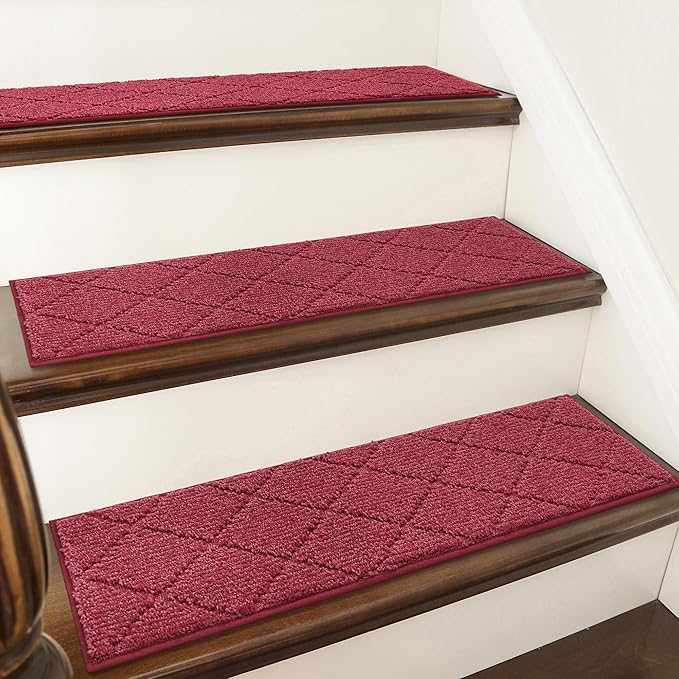 COSY HOMEER Edging Stair Treads Non-Slip Carpet Mat 28inX9in Indoor Stair Runners for Wooden Steps, Edging Stair Rugs for Kids and Dogs, 100% Polyester TPE Backing (4pc, Red)