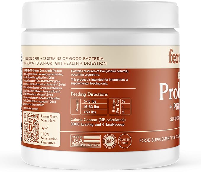 Fera Pets Probiotics for Dogs & Cats with Prebiotics - USDA Organic - Gut Health Powder Supplement with 12 Strains and 5 Billion CFUs - Supports Immunity, Energy and Skin & Coat - 60 Scoops