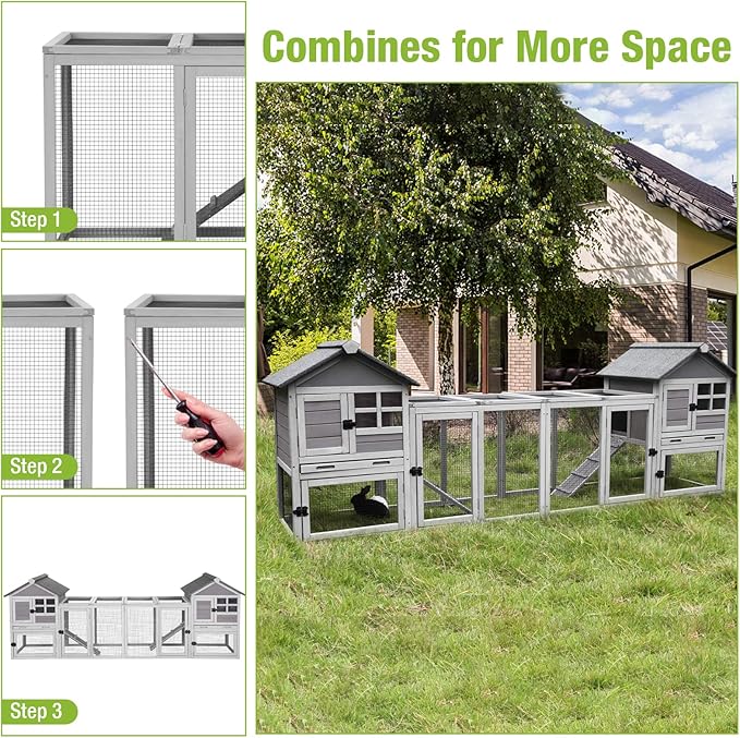 GUTINNEEN Rabbit Hutch Indoor Chicken Coop Outdoor, 51.6''L 2 Story Bunny Cage Weatherproof, Guinea Pig House with Run (Grey)