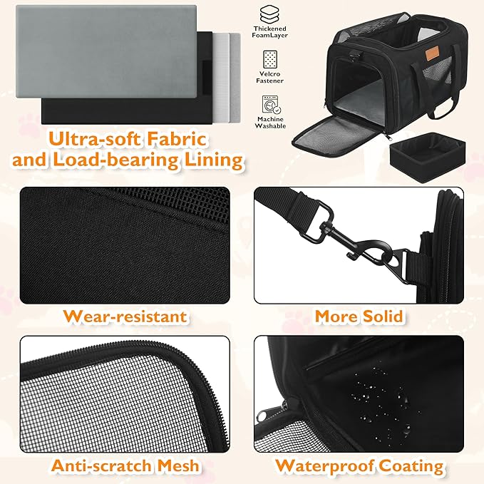 PETUX TSA Approved Pet Carrier in Cabin, 17"x11"x9.5" Soft Cat Carriers for Small Cats up to 12 lb, Top-Open Portable Dog Carrier with Litter Box and Anti-Scratch Mesh for Puppy up to 10 lb (Black)