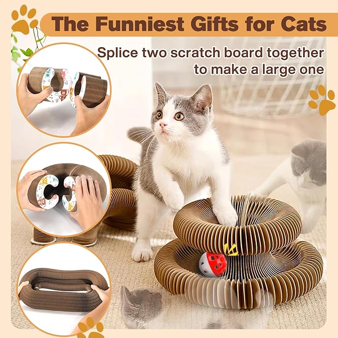 2 PCS Magic Organ Cat Scratcher Board with 6 Balls, Foldable Recyclable Accordion Cats Toy with Ball and Track Adventure, Cat Scratching Pad, Retractable Reversible Furniture Protector(Brown)
