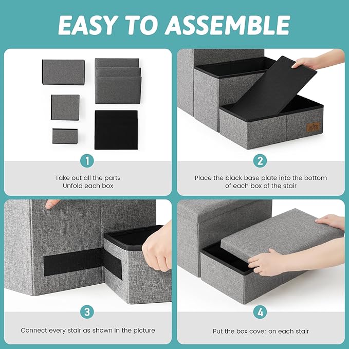 Dog Stairs with Storage, 3-Step Wider Sturdy Dog Steps for Small/Medium/Large Dogs and Older Cats, Folding Doggie Ramp for Bed/Couch/Car Hold Up to 180 lbs (16.7" H, Grey)