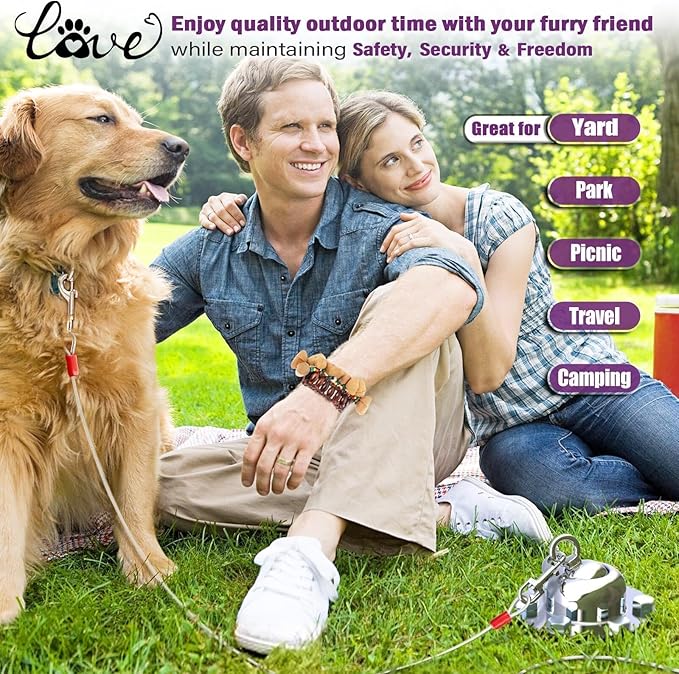 360° Swivel Dog Tie Out Cable and Stake - 2025 Upgrad Stainless Steel Dog Stake Dog Anchor for Small to Large Dogs - No Tangle Reflective Run Cable for Yard (Silver 10 ft Cable)