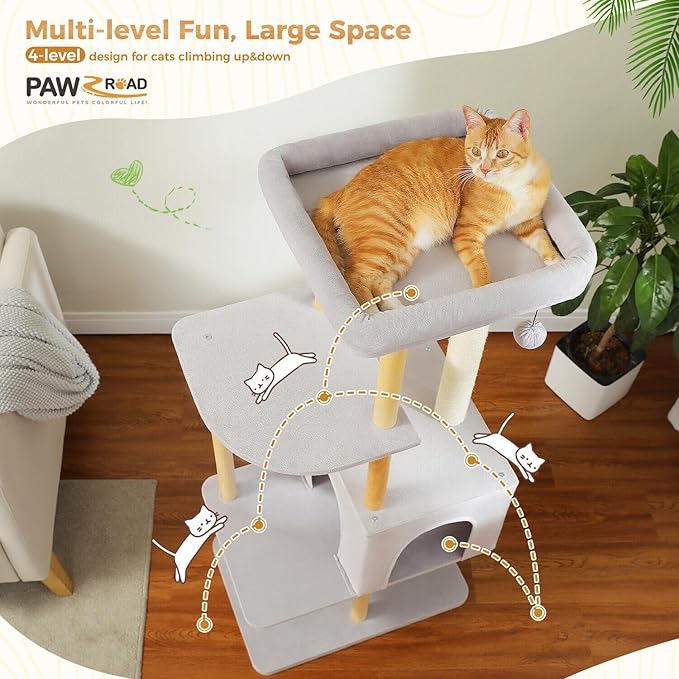 PAWZ Road Large Cat Tree, 53 Inches Modern Wooden Cat Tower for Indoor Cats, Multi-Level Cat Condos with Long Scratching Posts and Natural Wood Posts，Gray