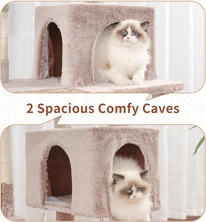 Cat Tree for Indoor Cats, 71'' (180cm) Multi-Level Cat Tower for Large Adult, Sturdy Cat Tree House with 2 Scratching Boards 7 Posts, 2 Plush Perches/Condos, Hammock, Muchroom GCT032MU