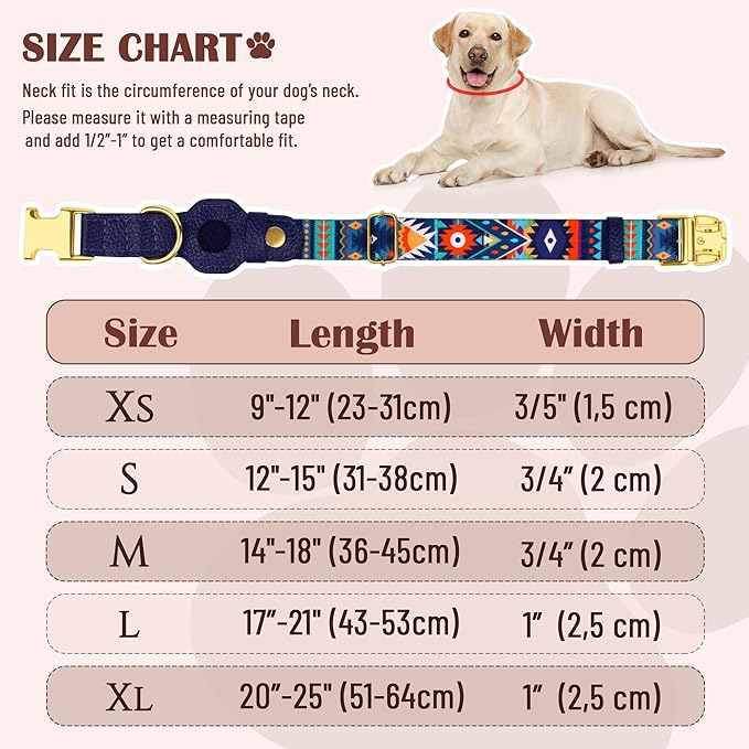 AirTag Dog Collar for Small Medium Large Breed - Adjustable Cute Pattern Dog Collar with Airtag Holder - Soft Leather Tracker GPS Apple Air Tag Pet Collars (X-Small, 9"-12" Neck Fit, Navajo)