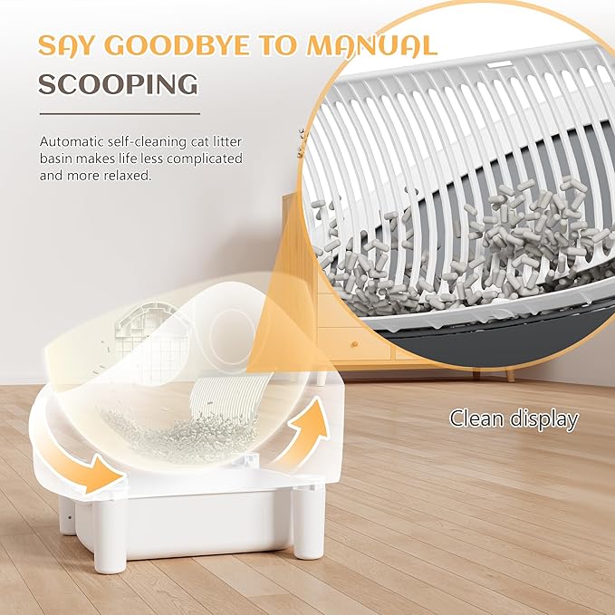 Greesum Automatic Self-Cleaning Litter Box for Cats - Open-Top Design, Easy Odor Control, Smart APP Control, 15L Large Waste Bin, Includes Trash Bags & Mat (White)